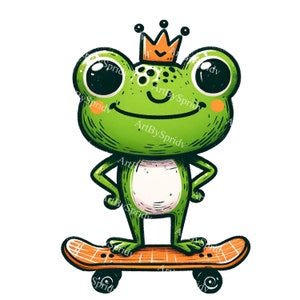 Adorable Cartoon Frog with Crown on Skateboard Download PNG Clipart|Cute Clip Art for Kids, Nursery,DIY Crafts,Scrapbooking,Party Invitation