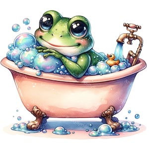 Cartoon Frosch mit ausdrucksstarken Augen im Schaumbad Clipart - Fun digitale PNG für DTG, T-Shirt, Tasse, Tumbler Sublimation & Scrapbooking Clip Art