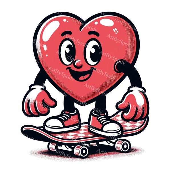 Cartoon Heart on Skateboard Clipart - Digital PNG for DTG, T-Shirt, Mug, Tumbler Sublimation & Scrapbooking - Playful Heart Art Download