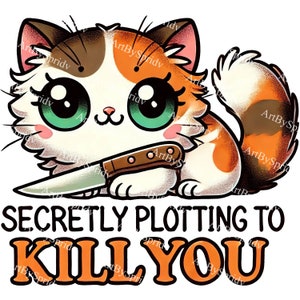 Adorable Calico Cat with Knife PNG Clipart, Cute & Creepy Digital Download Halloween Clip Art, Kawaii Evil Cat, Spooky Kitten for DIY Crafts