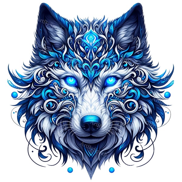 Tribal Blue Wolf Head Clipart - Digital PNG for DTG, T-Shirt, Mug,Tumbler Sublimation,Scrapbooking-Intricate Tribal Design Download Clip Art