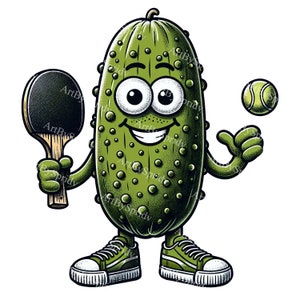Playful Pickle Playing Ping Pong Clipart - Digital Download, Cartoon Vegetable Character PNG, Fun Pickle Illustration for Crafting and Decor