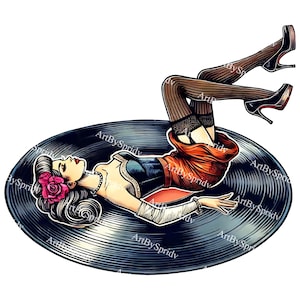 Pin-Up Girl Clipart Transparent PNG | Retro Vinyl Record Clip Art | Rockabilly Woman Illustration | Vintage Music Graphic | DTG T-Shirt, Mug