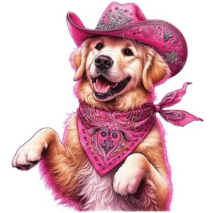 Charming Pink Cowboy Hat Dog Clipart - Golden Retriever Sublimation PNG, Western Pup Illustration for T-Shirts, Mugs, Printables & Crafts
