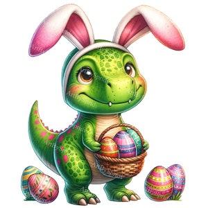 Easter T-rex Dinosaur Clipart With Bunny Ears & Eggs Basket - Digital ...