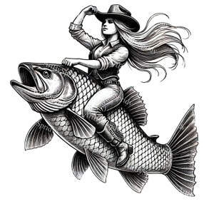 Dinamica Cowgirl Riding Giant Fish Clipart - PNG trasparente per progetti di artigianato fai da te Western e avventura, clipart digitali, disegni di abbigliamento