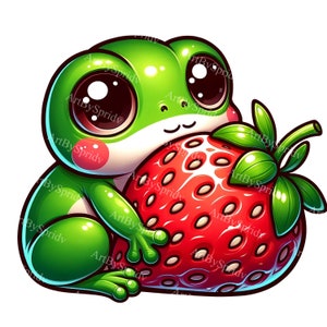 Adorable Cartoon Frog Clipart with Strawberry - Cute Froggy Digital Art, Printable Sublimation PNG, Kids Illustration Download for DIY Craft