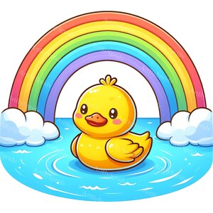 Puede incluir: Un pato de goma amarillo flota en agua azul con un arcoíris sobre él. El pato tiene una cara de dibujos animados linda con ojos grandes y un pico pequeño.
