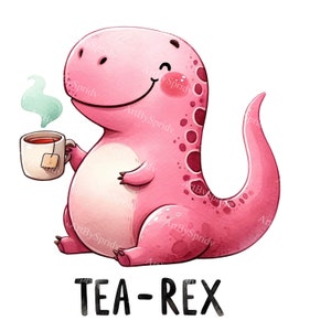 Aquarell T-Rex Dinosaurier Clipart - Tea Rex mit heißer Teetasse, DTG, T-Shirt, Becher, Becher Sublimation & Scrapbooking - digitale PNG Clip Art