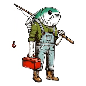 Quirky Fish Head Fisherman with Tackle Box PNG Clipart Download|Unique Illustration|Printable Art for Fishing Enthusiasts|Digital Clip Art