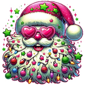 Peut inclure: Illustration fantaisiste du Père Noël avec des lunettes en forme de cœur et un chapeau rose orné d'étoiles vertes. Sa barbe blanche est décorée de guirlandes lumineuses et de boules de Noël colorées, créant un design festif et joyeux.