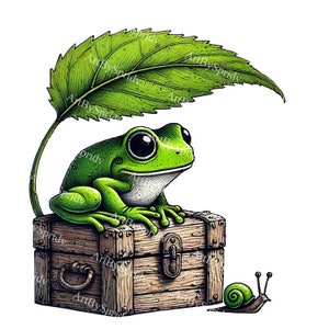 Rana verde sentada en una caja rústica con paraguas de hoja PNG Clipart, linda criatura del bosque, clip art digital inspirado en la naturaleza para manualidades y decoración