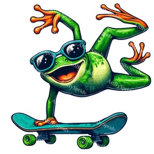 Playful Frog with Sunglasses Riding Skateboard Download PNG Clipart, Cute Fun Cartoon Animal Handstand Clip Art Illustration,Kids Room Decor