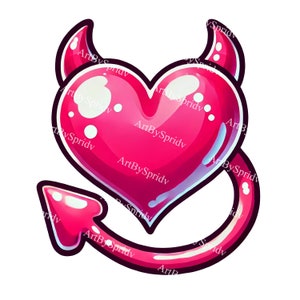 Skurril Herz mit Teufel Hörner und Schwanz PNG Clipart-niedlicher digitaler Download, teuflische Valentinstag Kunst, Cartoon Liebe Dämon, DIY Sublimation