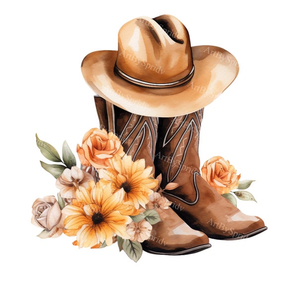 Watercolor Boho Cowgirl Boots, Hat And Flowers PNG Clipart - Western Printable T-Shirt, Mug Sublimation Vintage Clip Art - Wild West Rodeo