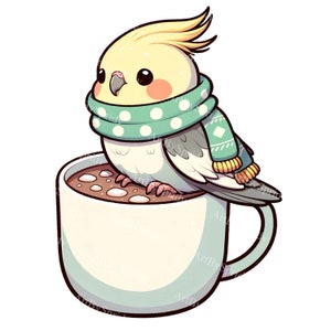 Adorable cacatúa digital, pájaro con bufanda PNG, lindo periquito sublimado, decoración de taza de cacatúa imprimible, diseño de manualidades