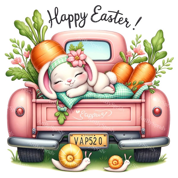 Easter Bunny in Truck Clipart - Cartoon Rabbit with Carrots PNG - Digital Download for DTG, Sublimation, T-Shirts,Mugs,Tumblers,Scrapbooking