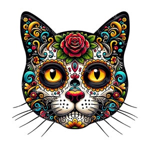 Kleurrijke suikerschedel clipart-dag van de dode kat illustratie png, dia de muertos afdrukbare sublimatie design, levendige Mexicaanse volkskunst