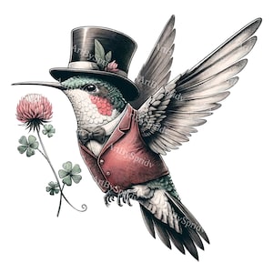 Imágenes prediseñadas de colibrí de caballero de inspiración vintage: sombrero de copa, chaleco, trébol, PNG de sublimación, descarga digital, arte imprimible de bricolaje, uso comercial