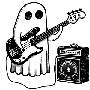 Witziger Geist spielt Bass Gitarre Clipart | Gruselige Musik-Liebhaber-Digital Kunst | Rock Band Geist Illustration für Halloween Dekor und Einladungen