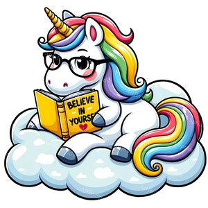 Rainbow Unicorn Clipart: Believe in Yourself, Cloud and Book Theme, Digital PNG for T-Shirts, Mugs, Scrapbooking,Sublimation-Unique Clip Art