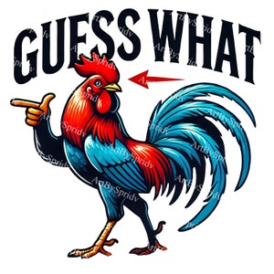 Whimsical Rooster Clipart - Guess What Rooster PNG, Colorful Digital Art for Sublimation, Farm Animal Decor, Funny Rooster Design Download