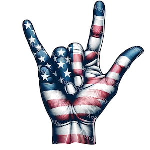 Patriotyczny amerykański język migowy „Kocham Cię” gest dłoni Clipart - Symbol ASL flagi USA PNG, Pobierz projekt sublimacji na Dzień Niepodległości