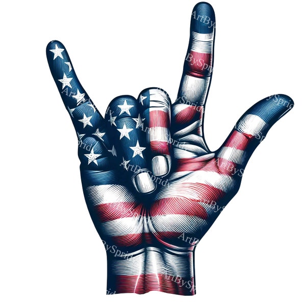 Patriotic American Sign Language 'I Love You' Hand Gesture Clipart - USA Flag ASL Symbol PNG, Independence Day Sublimation Design Download