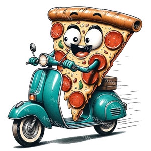 Whimsical Pizza Slice Riding Scooter Clipart - High-Quality Transparent PNG, Cute Food Illustration,Digital Download for DIY Crafts & Design