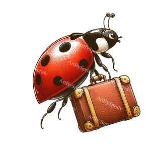 Adorable mariquita PNG Clipart con maleta/lindo error de viaje descarga digital/divertida ilustración de insectos, scrapbooking, invitaciones, proyecto artesanal