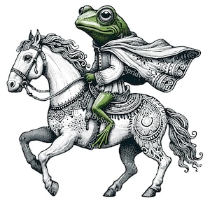 Medieval Frog Knight Riding Horse PNG Clipart,Vintage Style Frog on Horse Illustration,Digital Download Animal Rider Printable DIY Clip Art