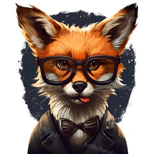 Cute Fox With Glasses&TuxedoTransparent PNG Animal Clipart,Adult/Kids Print Design,Printable T-shirt Sublimation,Commercial,Cartoon Clip Art