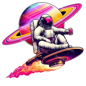 Astronauta montando Hoverboard Clipart / Vibrant Space Explorer PNG / Arte digital cósmico para camisetas, carteles y diseño web / Descarga instantánea