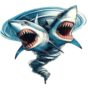 Dwugłowy rekin Tornado Clipart | Unikalny cyfrowy klipart | Natychmiastowe pobranie | Przezroczysty PNG | Fantastyczny projekt oceanu | DIY Wystrój wybrzeża