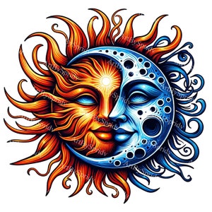 May include: A stylized illustration of the sun and moon, with the sun on the left and the moon on the right. The sun is depicted as a fiery orange and yellow, while the moon is a cool blue and white. The sun and moon are intertwined, with the sun's rays extending over the moon.