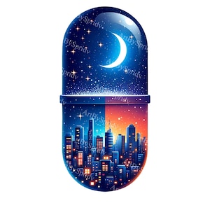 Cápsula de cielo nocturno, imágenes prediseñadas: destellos crepusculares urbanos, sublimación digital PNG, paisaje urbano imprimible, diseño celestial, gráficos de noche estrellada