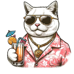 Clipart z tropikalnym kotem, hipsterskim kotem w okularach przeciwsłonecznych, zwierzę na letnią imprezę PNG, hawajska koszula kot do pobrania cyfrowego na zaproszenia i rękodzieło DIY