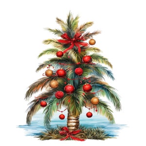 Tropical Christmas Palm Tree Clipart – Beach-Themed Holiday PNG for Digital Clip Art, DIY Crafts, Invitations, Festive Decor, DTG T-Shirt