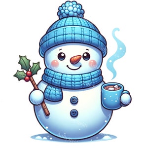 クリスマス雪だるまとコーヒーカップ - 透明な PNG クリスマス クリップアート - 印刷可能な T シャツ、マグカップ、タンブラー DTG 昇華クリップアート、DIY コマーシャル