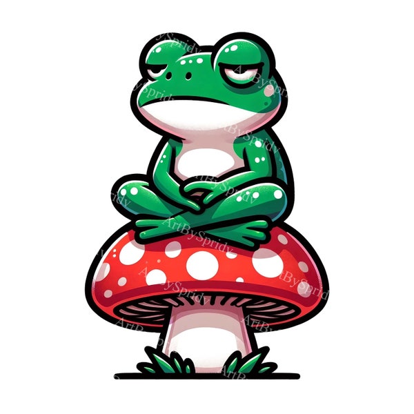 Adorable Green Frog Clipart on Red Polka Dot Mushroom - Digital PNG for Sublimation & Printables, Perfect for Crafting,DIY Projects Clip Art