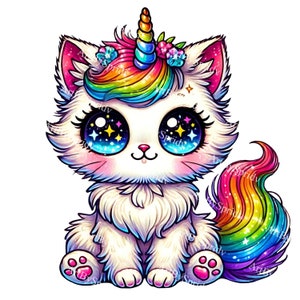 Katze Einhorn Hybrid Download PNG Clipart, Regenbogen Kawaii Kätzchen mit Einhorn Horn, perfekt für Kinder Basteln, Scrapbooking, Sublimation