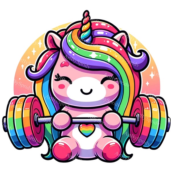 Unicorn Barbell Clipart - Rainbow Mane Digital PNG, DTG T-Shirt/Mug Sublimation Graphic, Scrapbooking Printable, Gym Sport Fantasy Clip Art