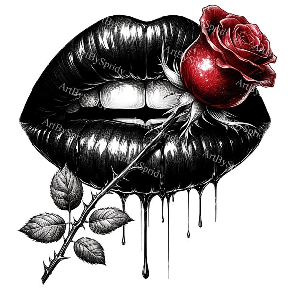 Gothic Glamour - Black Lips and Dripping Ink Rose Clipart, Transparent PNG, Ideal for Tattoo Design & Edgy Fashion Accents, Digital Download