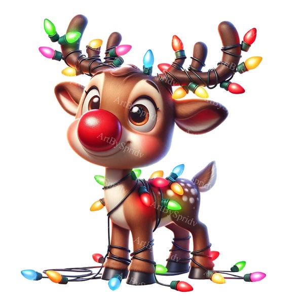 Reindeer Christmas Lights Clipart PNG - Playful Reindeer with Red Nose & Colorful Lights for T-Shirt, Mug, Tumbler, Scrapbooking Sublimation