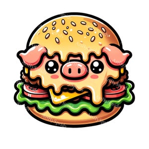 Clipart de hamburguesa de cerdo alegre para proyectos creativos: PNG digital único, ideal para impresión DTG, sublimación y manualidades / Descarga instantánea de imágenes prediseñadas