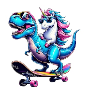 Einzigartiges T-Rex und Einhorn Reiten Skateboard Transparente PNG Clipart | Coole Dinosaurier und Einhorn Kunst | Lustiger digitaler Download für Kinder und Erwachsene