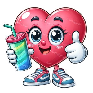 Valentijnsdag hart karakter clipart - schattige glimlach en beker, perfect voor T-shirt, mok, scrapbooking - digitale illustraties png, liefde cadeau idee