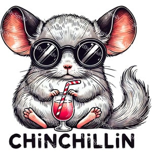 Chinchillin Digital Download PNG Clipart, süße Chinchilla mit Sonnenbrille & Drink, entspanntes Tier Clip Art für T-Shirt Sublimation, DIY Handwerk