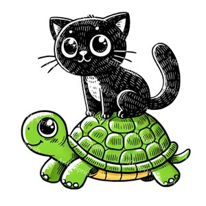 Adorable Black Cat on Green Turtle Clipart, Cute Animal Illustration, Digital Download, Cartoon Style, Perfect for DIY Crafts, Scrapbooking