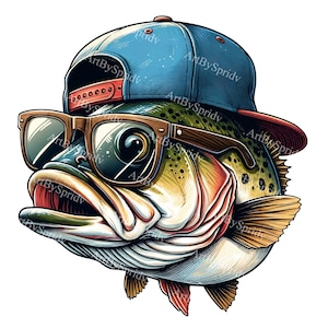 Clipart poisson chapeau snapback pêche - PNG transparent, bar élégant avec des lunettes art numérique, thème aquatique tendance, image bricolage style de vie en plein air